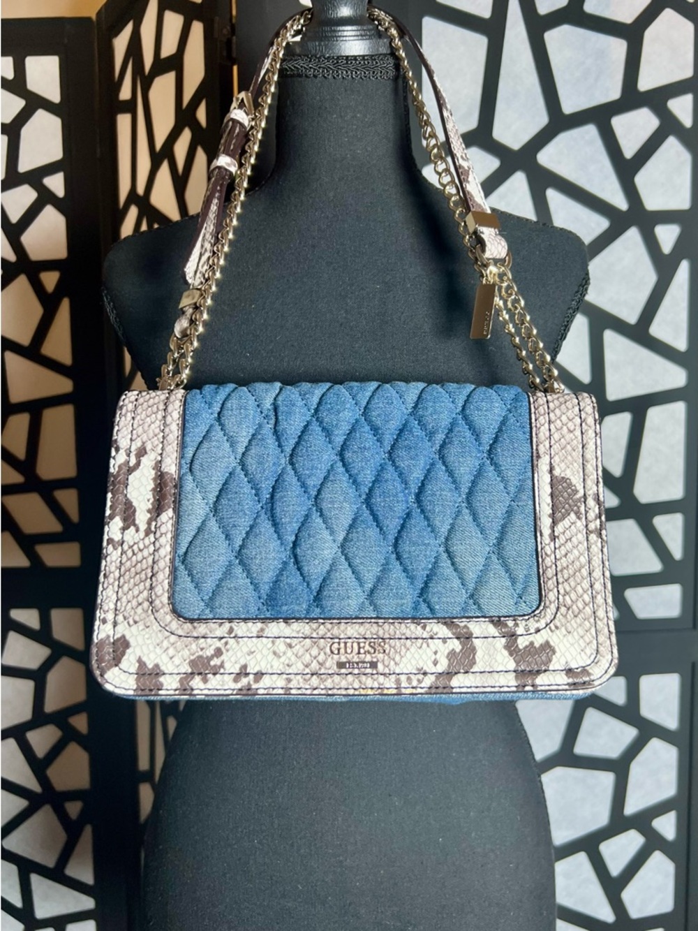 Guess Quilted Denim and Faux Snakeskin Front Flap Crossbody Bag EUC